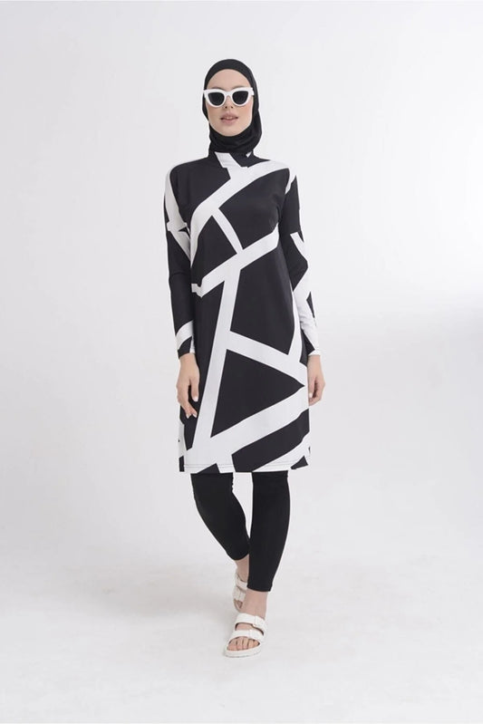 Eleganct Black and White Lycra Oversize Burkini with Long Tunic